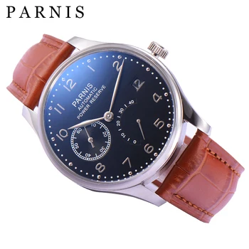 Повседневные Мужские часы Parnis 43 мм с черным циферблатом, механические Автоматические Часы, Календарь, коричневый кожаный ремешок, Часы топового люксового бренда 2023 года выпуска