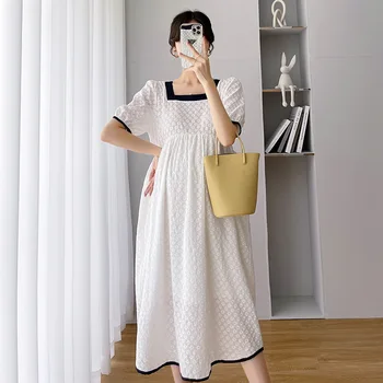Летнее Новое кружевное платье для беременных во французском стиле с квадратным воротником и вышивкой 2022, Повседневная юбка для беременных средней длины Плюс размер